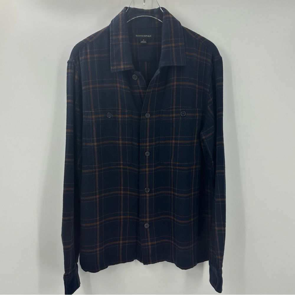 Banana Republic Plaid Button Down Shirt Womens Small Navy Blue Brown 100% Cotton